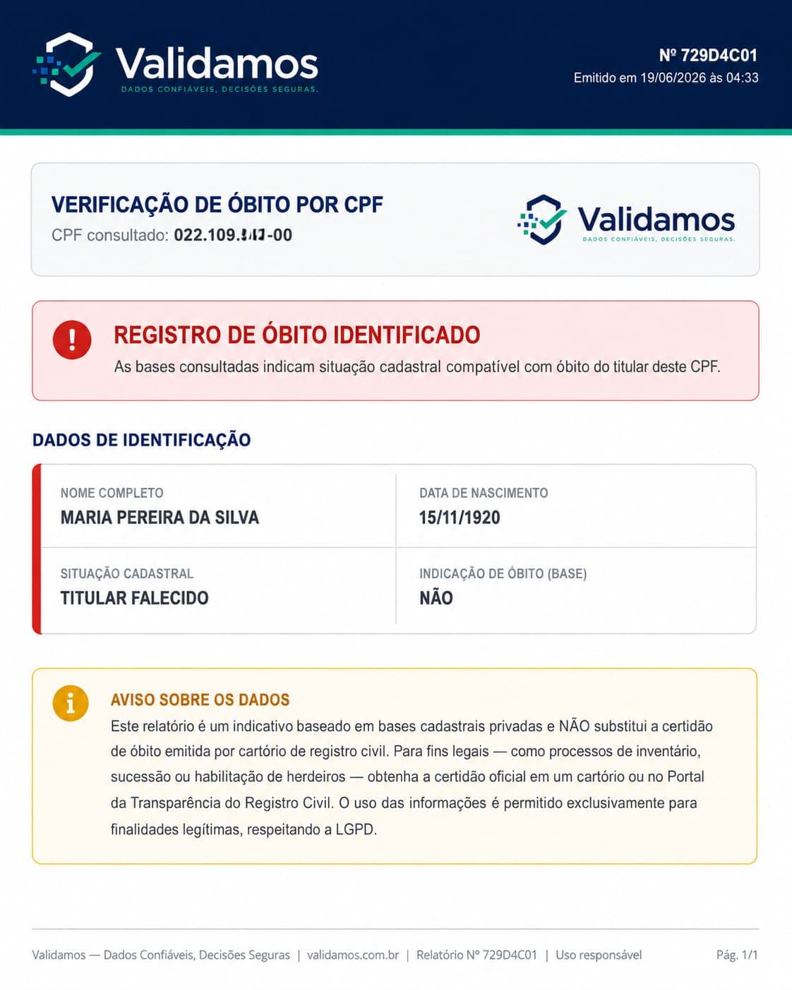 Exemplo de relatorio de obito por CPF