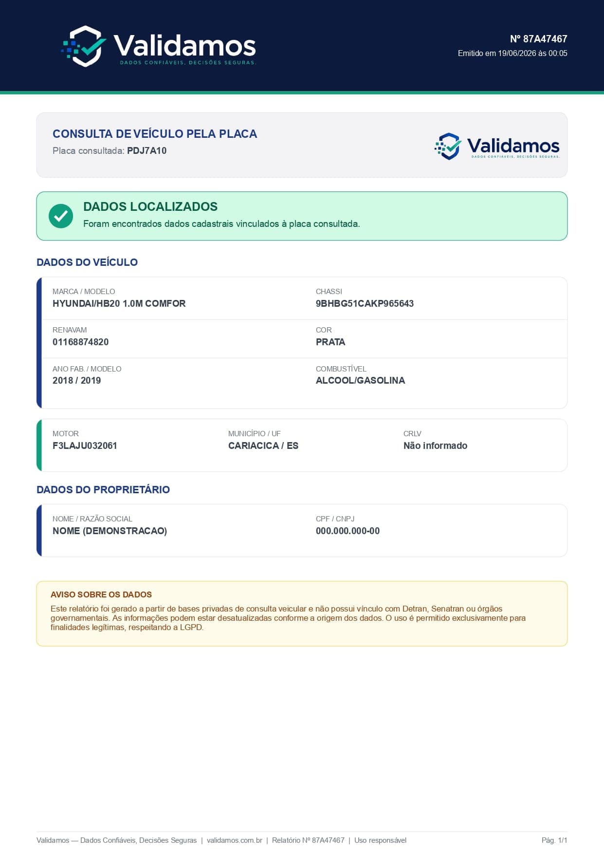 Exemplo de relatório de consulta de veículo pela placa