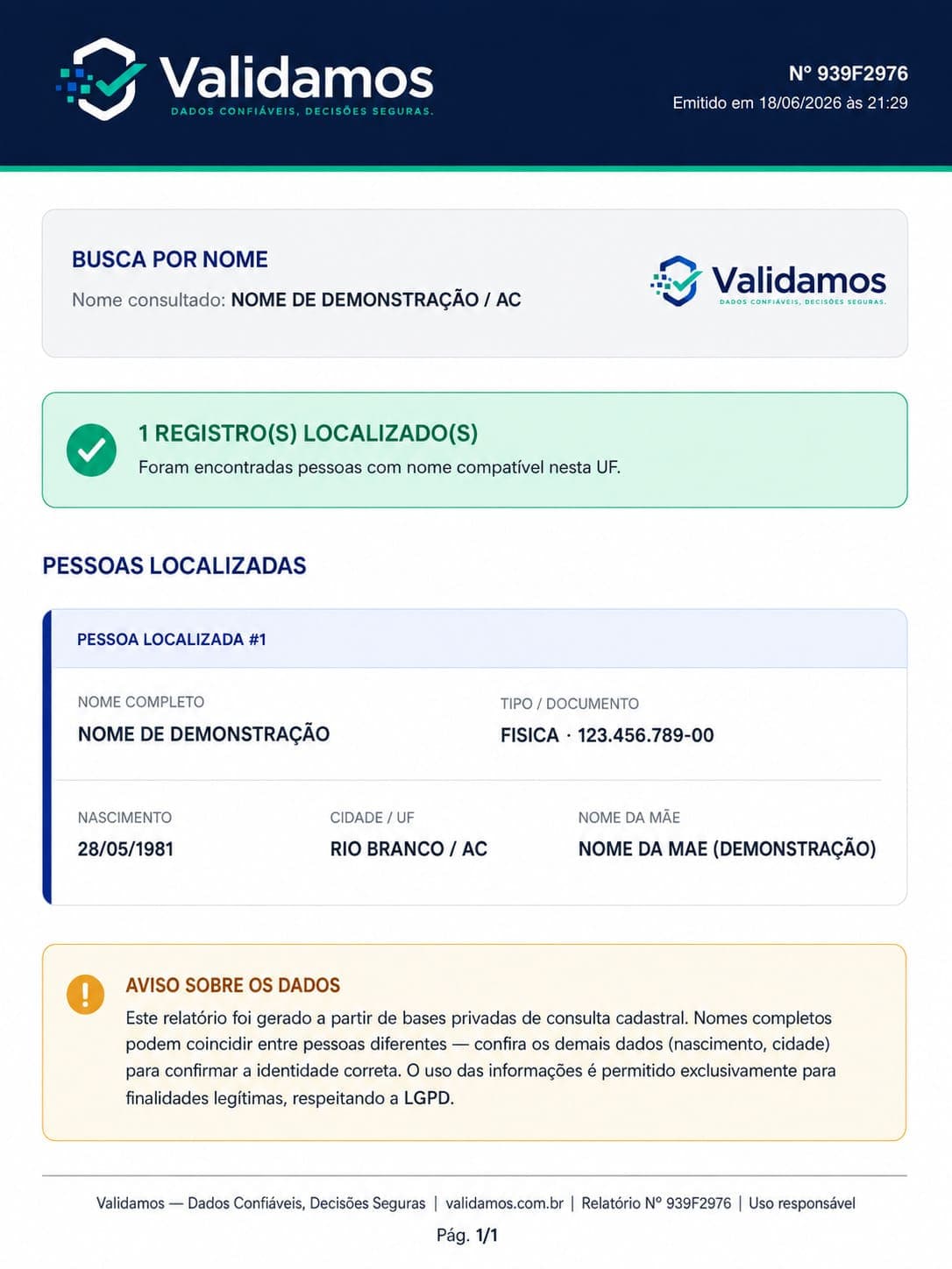 Exemplo de relatório de busca por nome