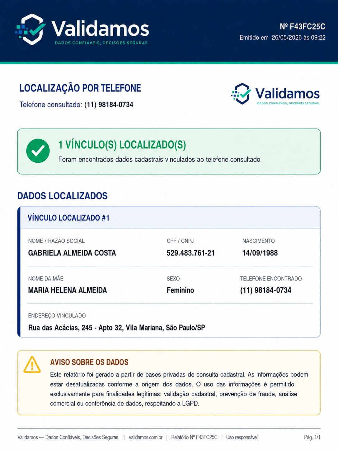 Exemplo de relatório de consulta por telefone