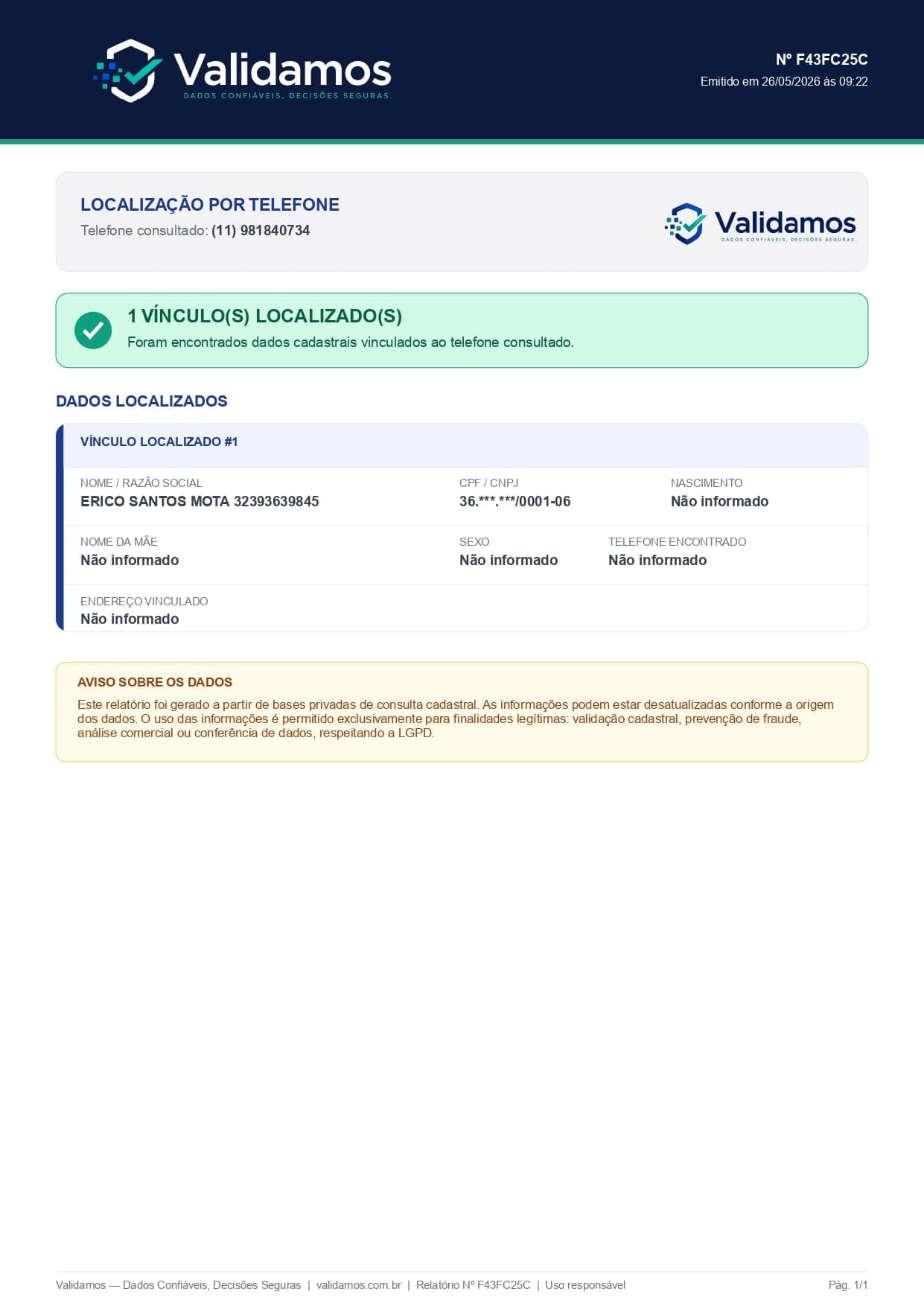 Exemplo de relatório para descobrir nome pelo telefone