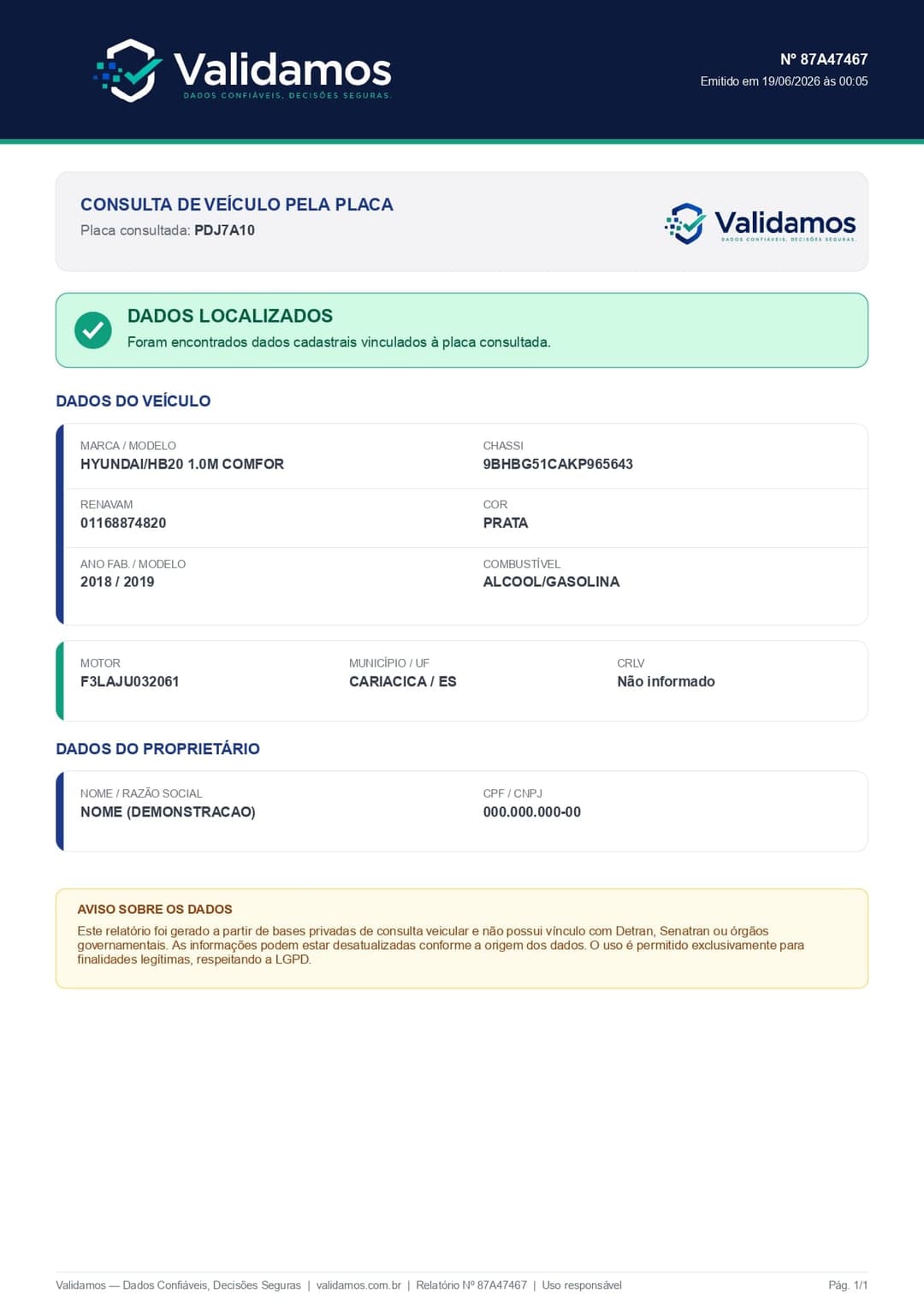 Exemplo de relatório de consulta de veículo pela placa